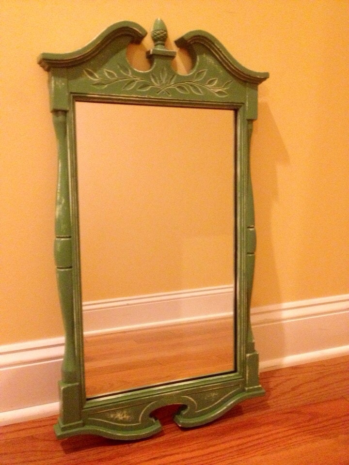 Ethan Allen Signed Vintage Mirror Painted Sage Distressed