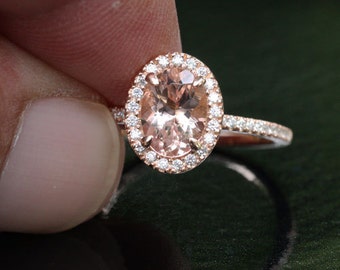 Rose Gold Morganite Ring Morganite Engagement Ring with Peachy Pink Morganite Oval 8x6mm and Diamond Halo Ring in 14k Gold