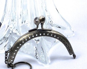 8.5cm Coin Purse Frame, 3inch HalfRound Frame, Faux Diamond Clasp, Antique Brass Metal Sew On Purse Frame Hardware @ MeiMei Supplies