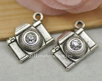 10pcs Antique Silver Camera Charms Pendant 15x20mm Antique Silver Camera Charms Connector with Rhinestone