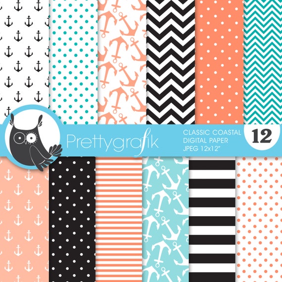 classic coastal digital paper, commercial use, scrapbook papers, background, anchors, nautical - PS628 Il_570xn