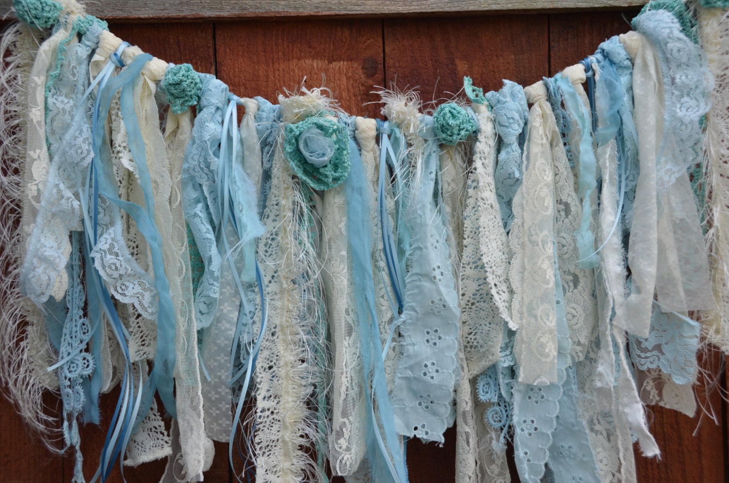Lace Wedding Garlad White blue and pale aqua 26 inches long Lots of vintage lace 5 aqua lace flowers