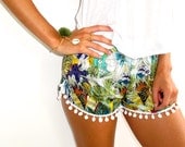 Pom Pom Shorts Green and White Leaf Print with by ljcdesignss