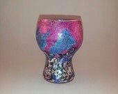 Tea light candle holder, Hand painted shimmering abstract design, Purple blue silver and black