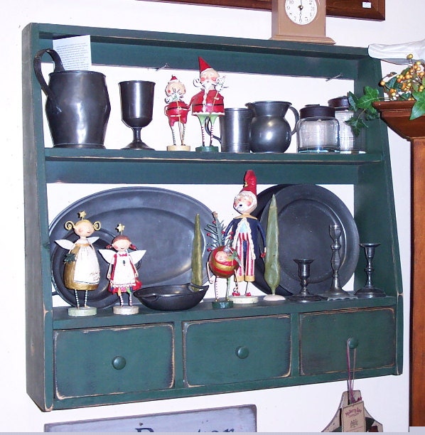 Primitive Plate Rack with 3 Drawers w Open Back Color Choice