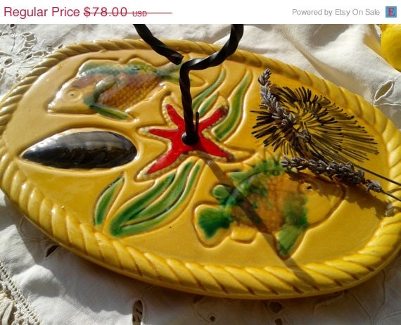 ON SALE Hand painted Cheese Tray Yellow Orche French Pottery - Handmade - Provence Vallauris Ceramic Platter - Sea Fish, Mussel, Starfish