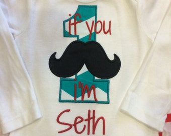 Custom Happy Birthday Number 1-9 Mustache Appliqué Short or Long sleeve t-shirts or Onesie for Girl or Boy