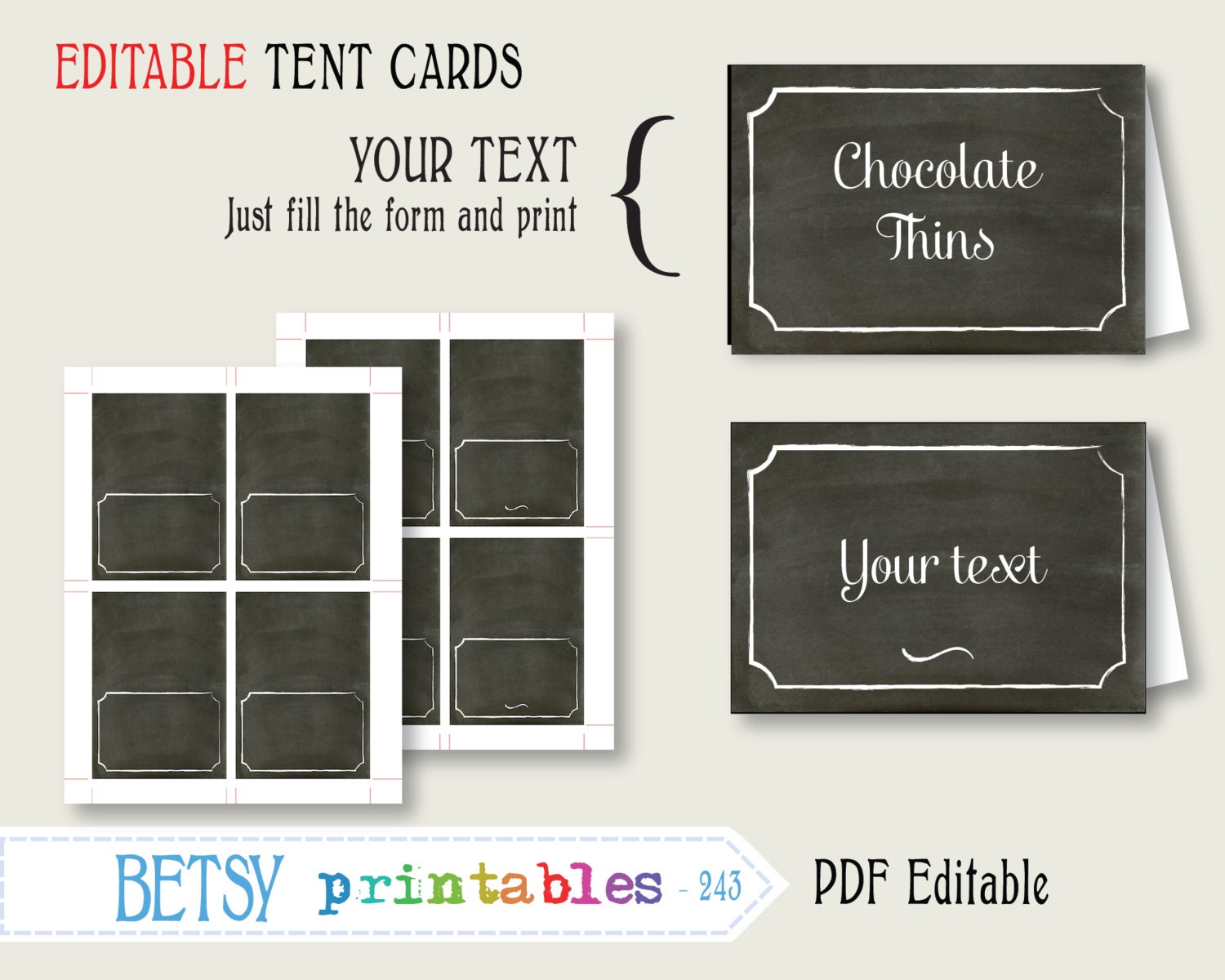 Chalkboard tent card or place card Editable labels