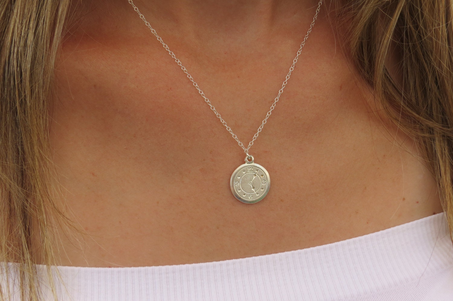 Silver clock necklace Dainty silver necklace by HLcollection