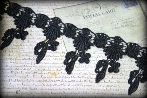 Black Venice Lace Trim for Applique, Altered Art, Costumes, Lace Jewelry, Headbands, Sashes, Sewing, Crafts approx. 3.50" LA-192