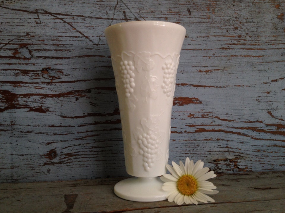 White Milk Glass Vase with Grape Pattern by CottageBlu on Etsy