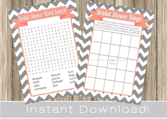 Coral BRIDAL Shower Games Set / Bingo and Word Search Cards / INSTANT DOWNLOAD / digital printable files / wedding shower activity idea Il_570xn