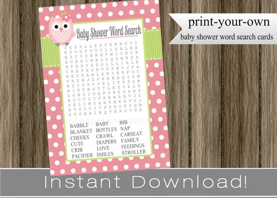Owls Baby Shower Word Search game cards , pink and green , girl, INSTANT DOWNLOAD diy printable, digital file print your own , babyshower Il_570xn