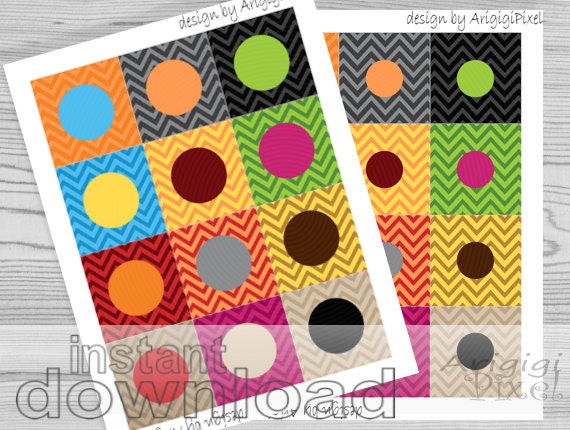 printable paper, chevron circle tag, 2x 1 in circle, 2x 1,5 in circle, fall color chevron background, party printables, instant download Il_570xn