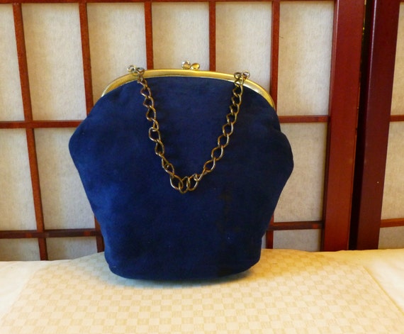 Vintage Navy Blue Suede Leather Purse handbag style from the 70's
