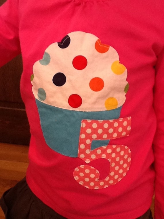 Custom birthday shirt with rainbow polka dot cupcake top and turquoise bottom and with birthday number with pink polka dots