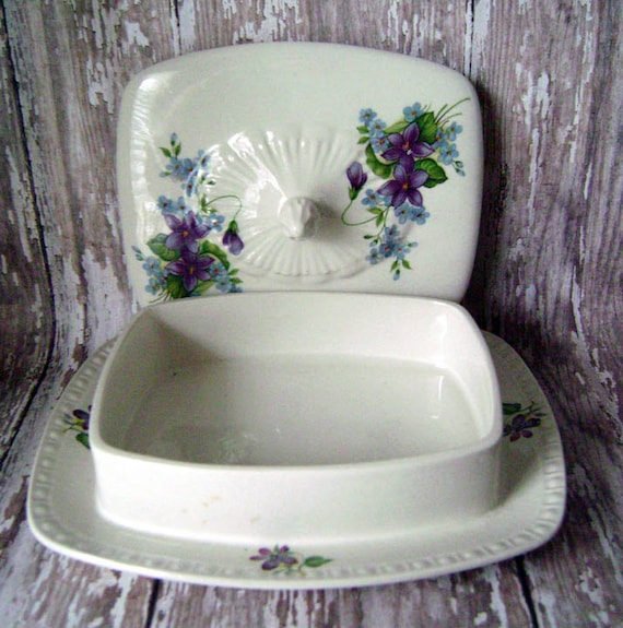 Charming square covered violet dish with tray,English ceramics,purple green white,vintage,vintage china, floral dishware,dishes,anvils attic