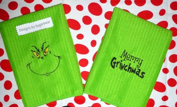 The GRINCH Towel Set EMBROIDERED Bright by DesignsbySugarbear