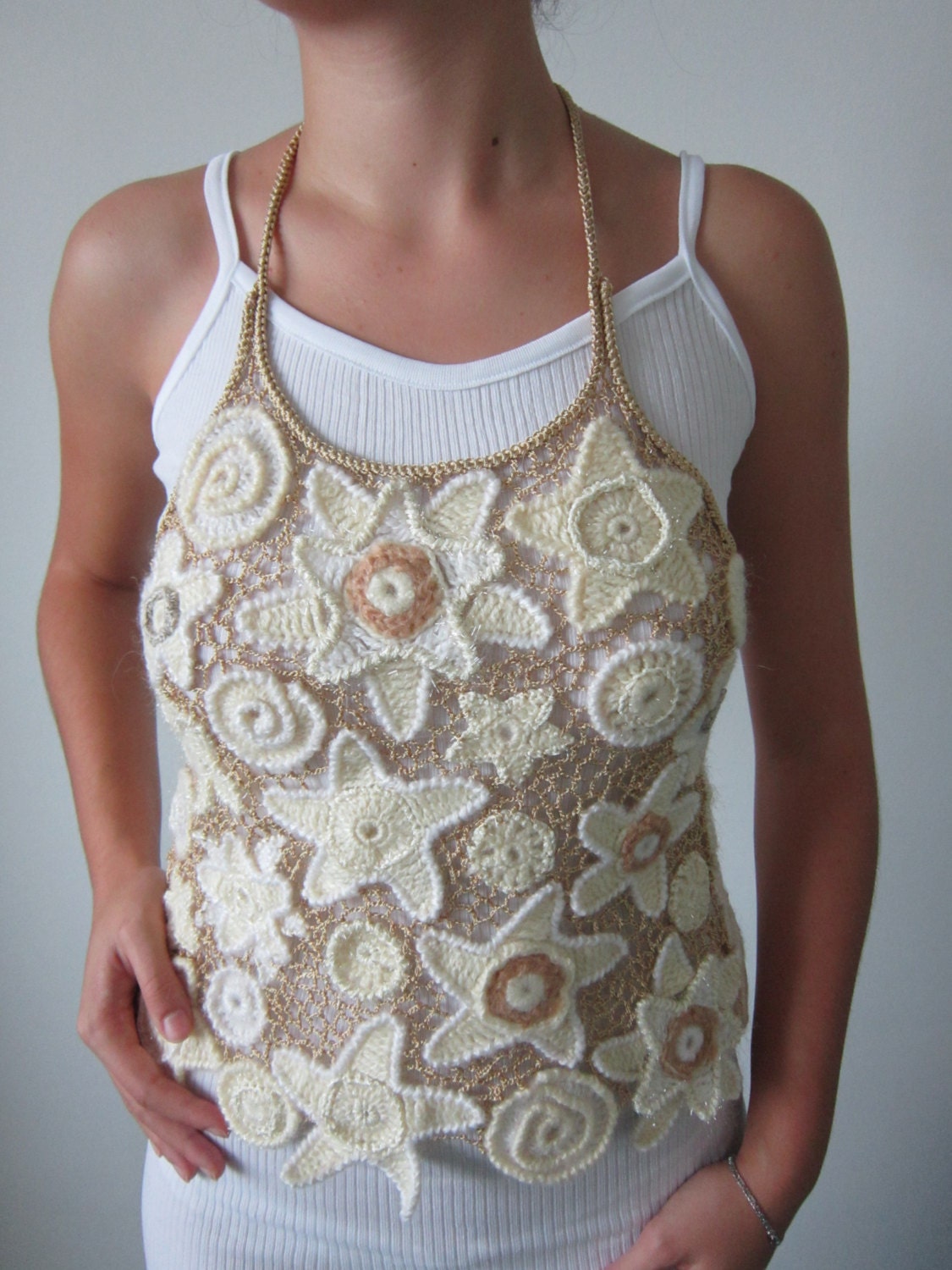 White and Beige Crochet Sweater Irish Crochet Top by MARTINELI