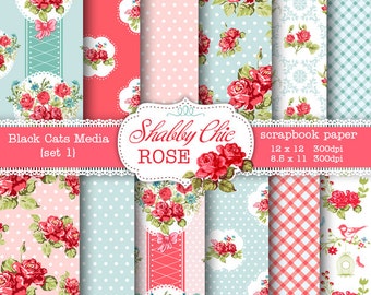 Shabby Chic Digital paper 12 x 12 in AND 8.5x11 in -Shabby chic rose for scrapbooking, invites, cards, instant download