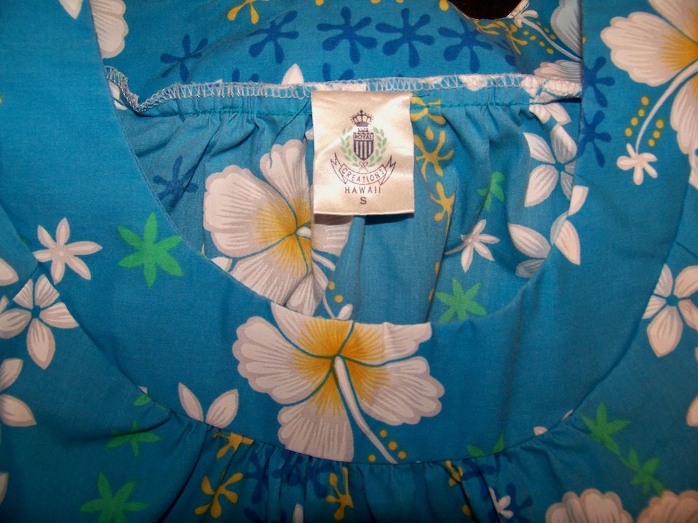 Blue Hawaii Hawaiian Moo Moo Dress Hibiscus Flowers by DeNovoChic