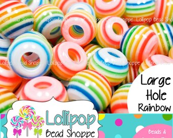 RAINBOW Beads 10mm x 8mm LARGE HOLE Beads Round Resin Beads Plastic Beads Striped Beads 25 Bubblegum Beads Bubble Gum Beads Gumball Beads