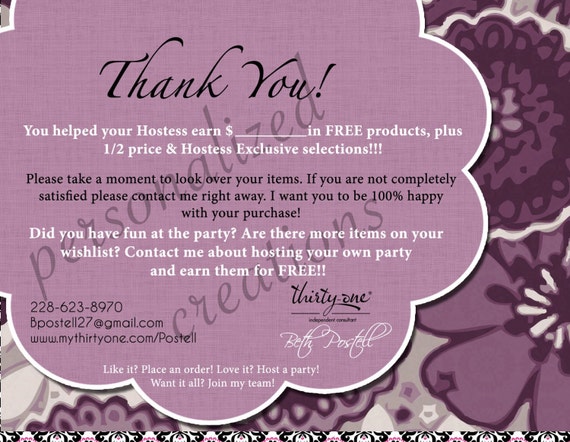 Unique 88 Thank You Hostess Card