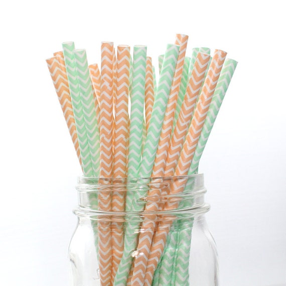 MINT and PEACH Mix Chevron Paper Straws 25 Count Wedding