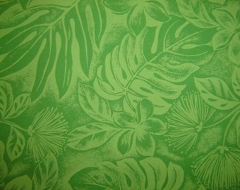 Hawaiian Fabric - Green Floral Print With Leaves on Green
