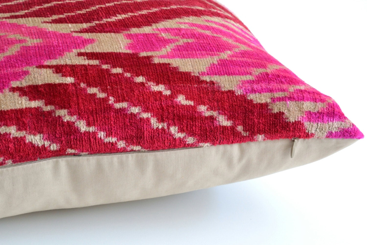 Ikat Silk Velvet Pillow Neon Pink Red Handwoven Velvet Ikat