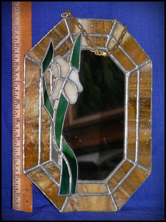 Stained Glass Framed, Hanging Mirror With Flower Motif. EyeCatching