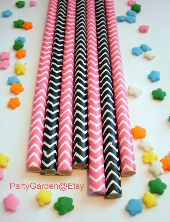 50 Hot Pink and Black Chevron Paper Straws - Good N Plenty - With Free Printable DIY Flags Il_570xn