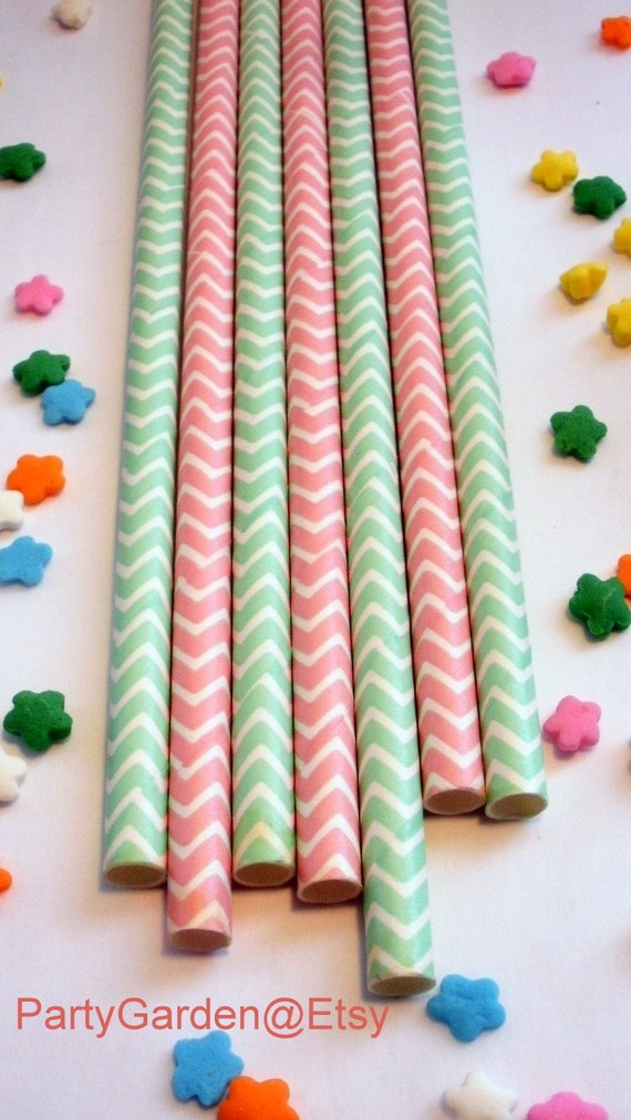 50 Pink and Mint Green Chevron Paper Straws - Baby Showers - Gender Reveal - With Free Printable DIY Flags Il_570xn