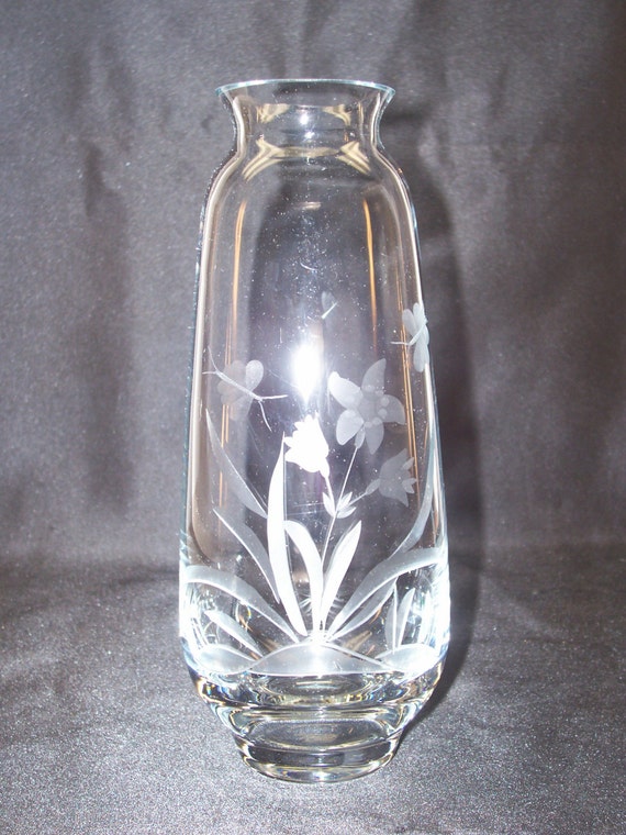 Vintage Crystal Etched Glass Vase Flowers And By Garagesaleglass