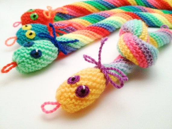 Items similar to Rainbow Snake soft rattle toy, hand knitted animals ...