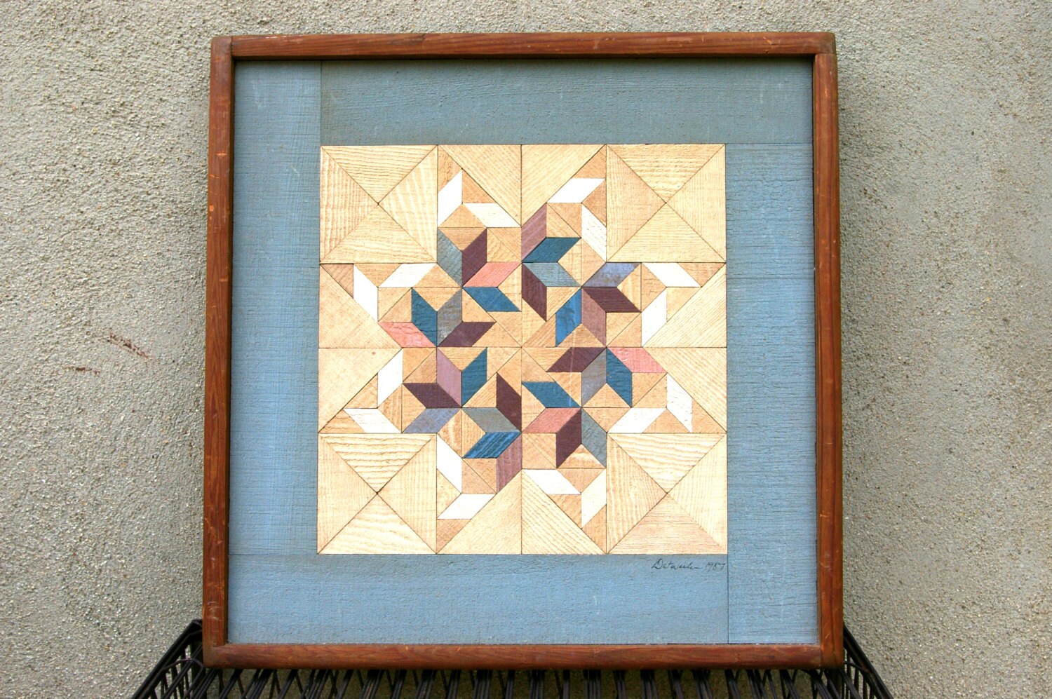 Vintage Wood Quilt Geometric Wall Hanging Signed Art 80s Mauve