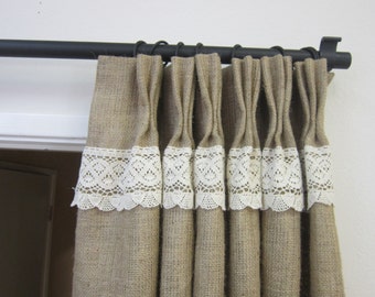84" Burlap Lace Curtains- Burlap Curtains - Burlap Pinch pleat panels/Burlap Drapes/Burlap decor/Burlap wedding/Burlap style curtains