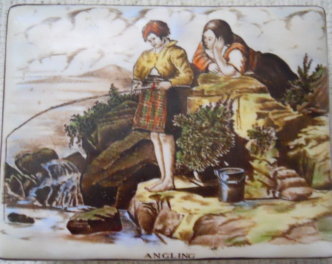 Vintage Gray's Pottery Trinket Box, Hand-Painted Box with Fishing Scene