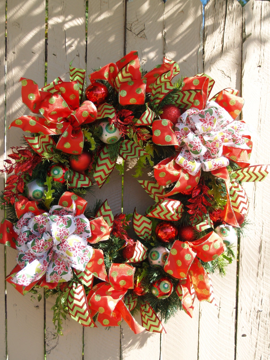 Chevron Print Christmas Wreath with Polka Dogs