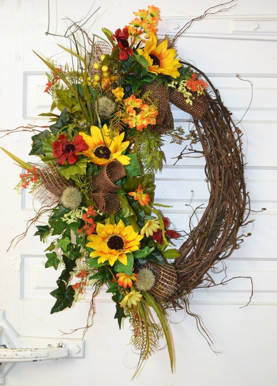 Fall Door Wreath on Grapevine with Sunflowers