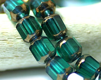 Emerald Green Bronze 6x5mm Faceted Cathedral Czech Glass Beads x 25
