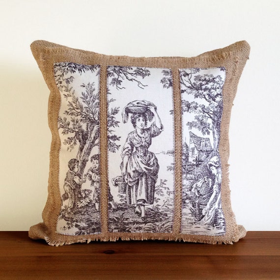 Natural Burlap and Appliqued Purple Toile Throw Pillow Covers