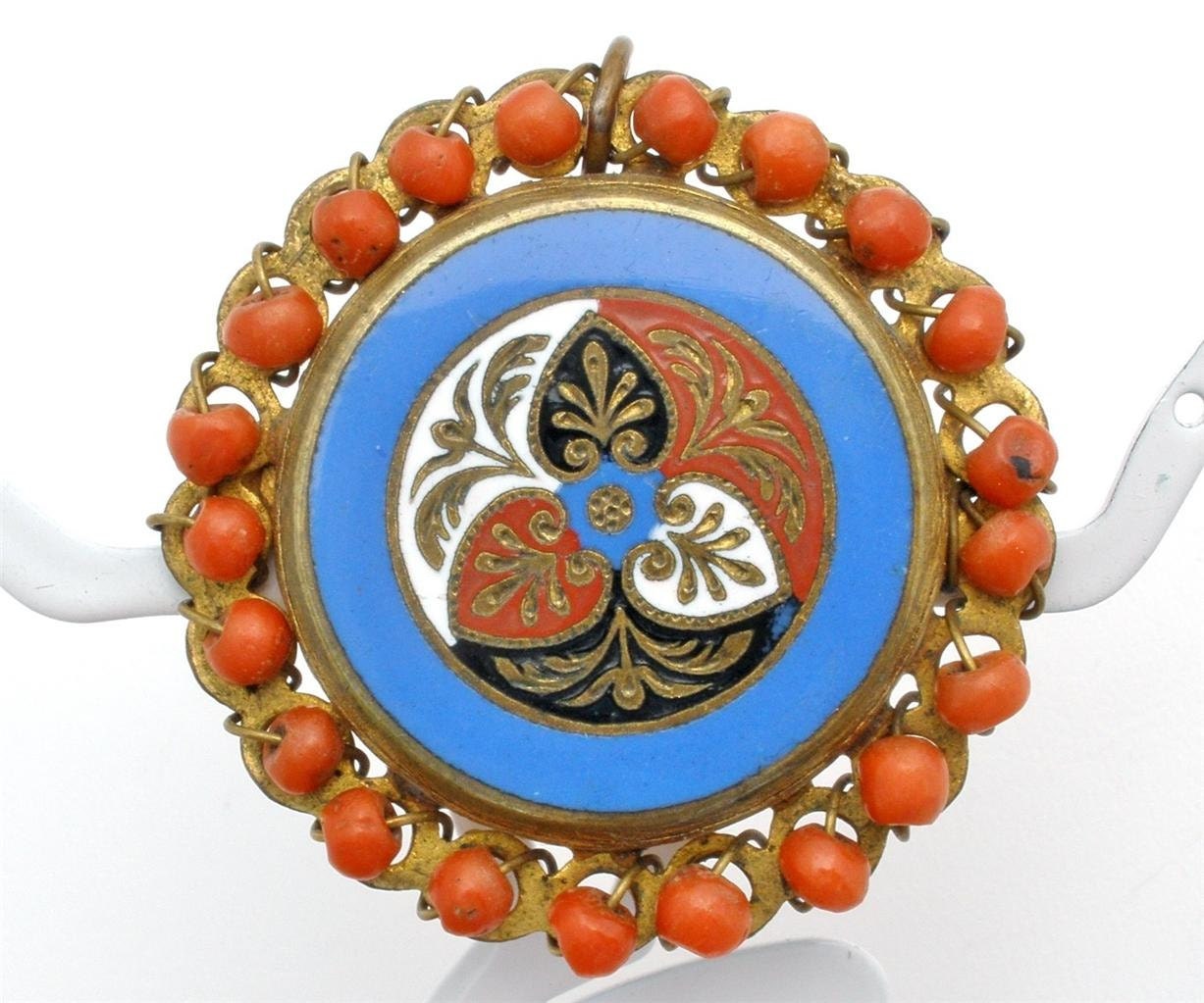 Antique Coral Brooch Pendant Enamel Gilded by TheJewelryLadysStore