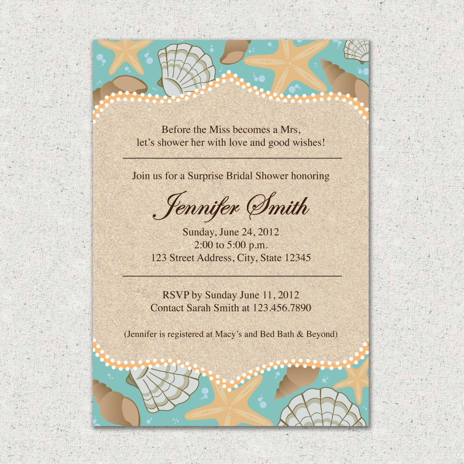 Beach Theme Bridal Shower Invitation Template 1