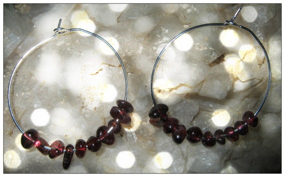 Handmade Silver Hoops Earrings with Garnet by IreneDesign2011