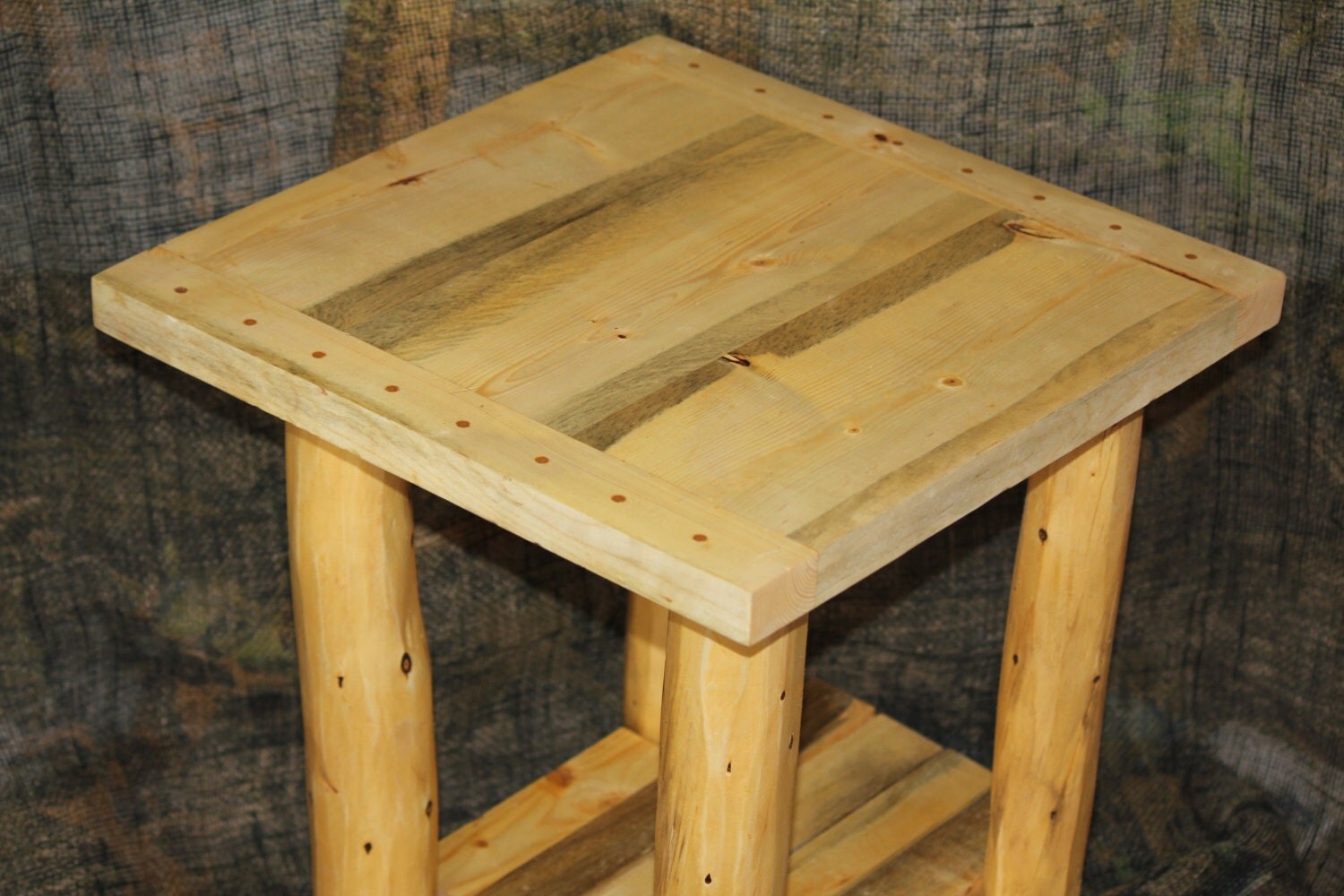 Rustic Log Breadboard Top End Table / Night Stand Cabin