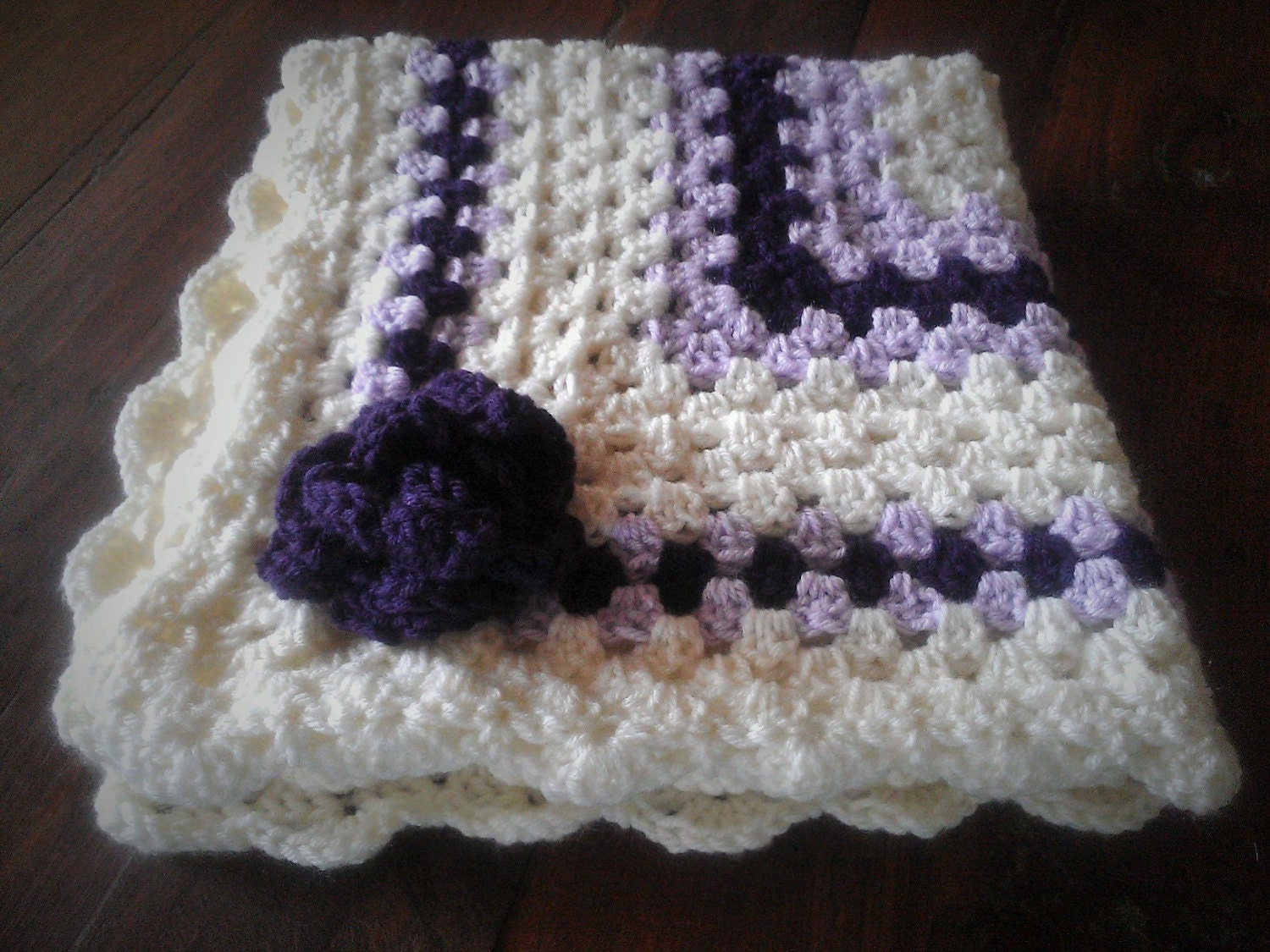 Purple Crochet Baby Blanket Lavender Cream and Eggplant