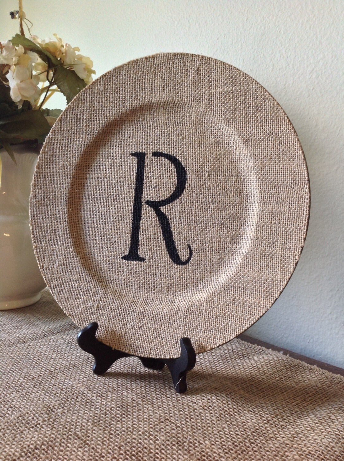 Personalized Burlap Charger with Plate Stand by TheCharmingBarn