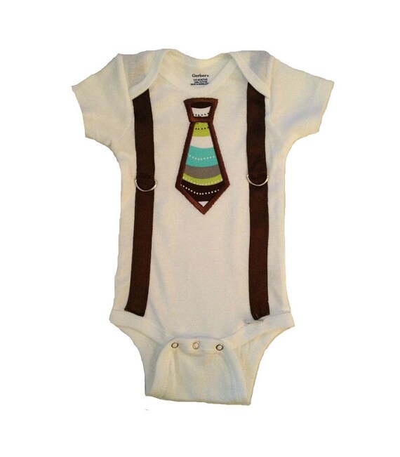 Baby Boy Tie Applique Onesie with Suspenders by PreciousBabyAttire