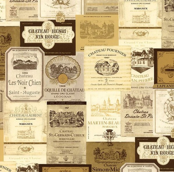 Wallpaper By The Yard - Wine Decor, Chateau, labels, Vineyard, French - Beige, Brown, Cream, Gold, White - KK26755 fl